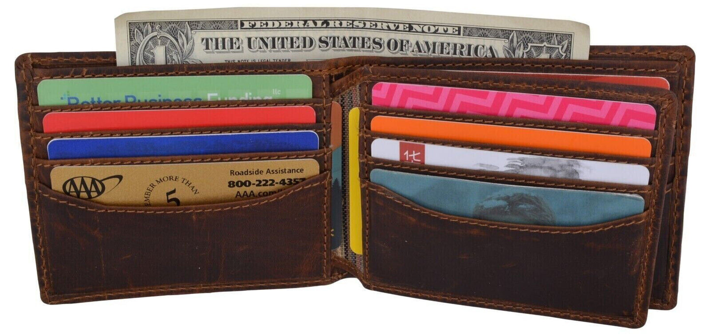 RFID Blocking Brown Vintage Leather Men's Bifold Center Flap Wallet