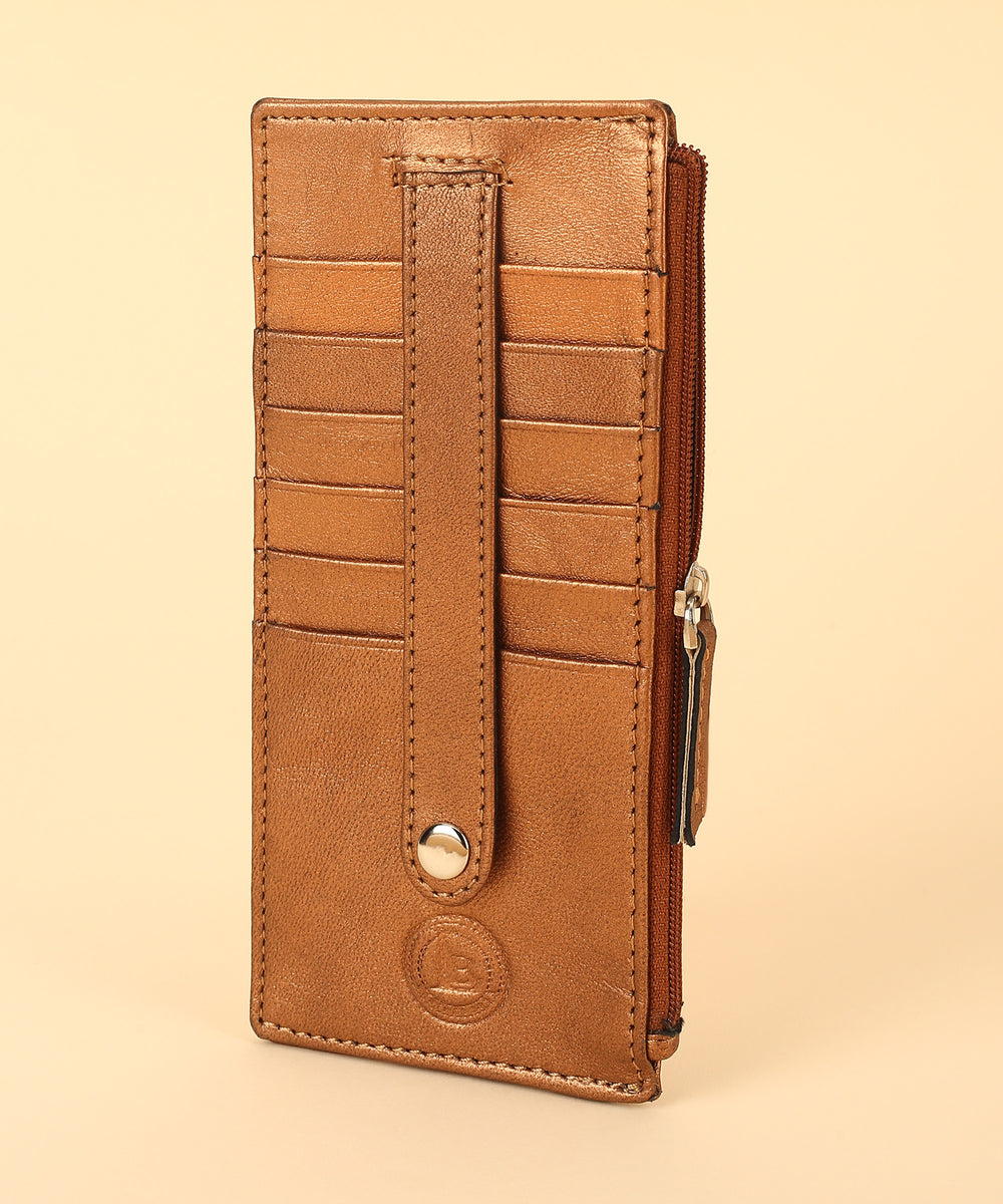 Slim Leather Card Holder Wallet With Protective Strap – 6 Card Slots + ID Window + Zipper Pocket – Genuine Leather