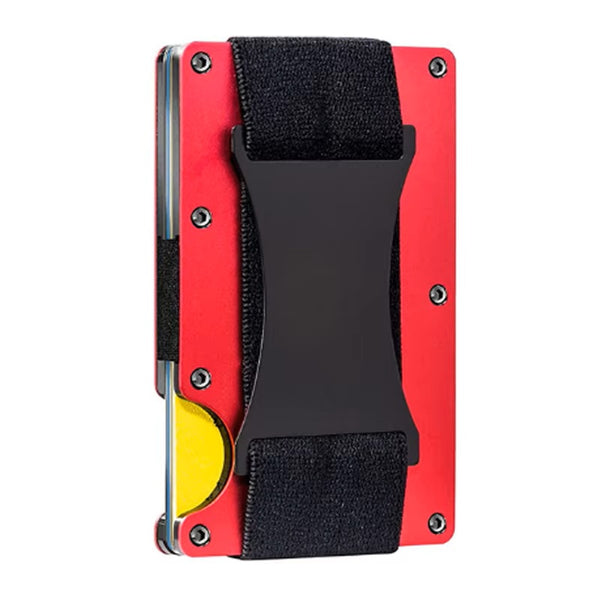 Leatherboss Slim Wallets for Mens Metal Wallet with Cash Strap Thin Minimalist Aluminum Credit Card Holder (Ruby)