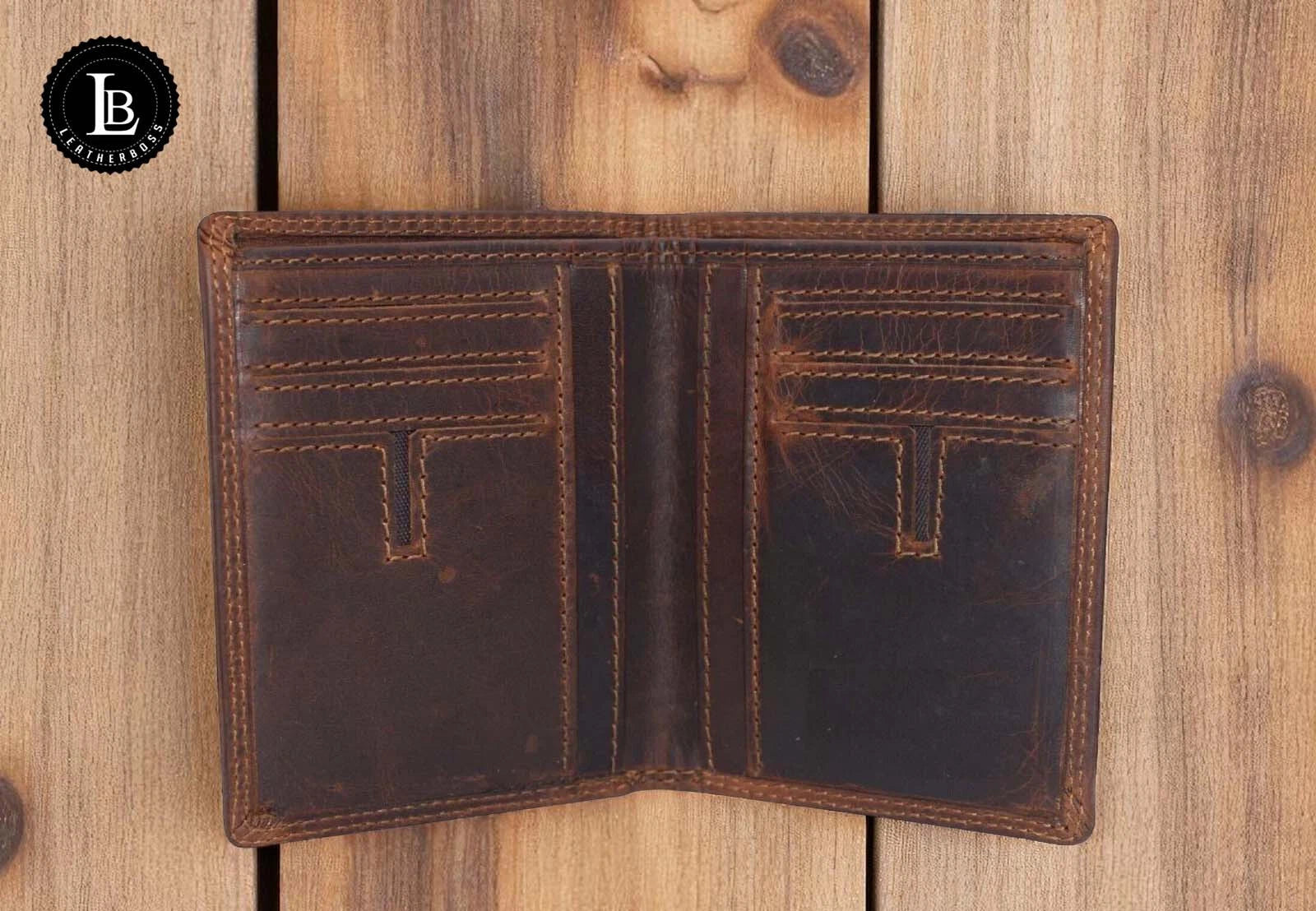 Leatherboss Men's Vintage Slim Bifold Wallet - RFID Blocking Brown Leather