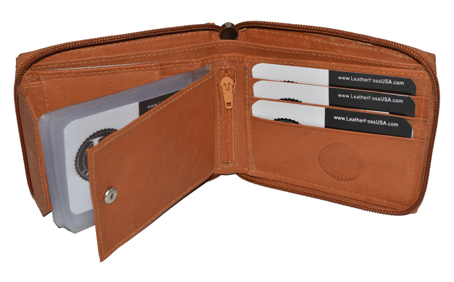 Leatherboss Men Bifold Zipper Around Leather Wallet Secure Multi Pocket Billfold