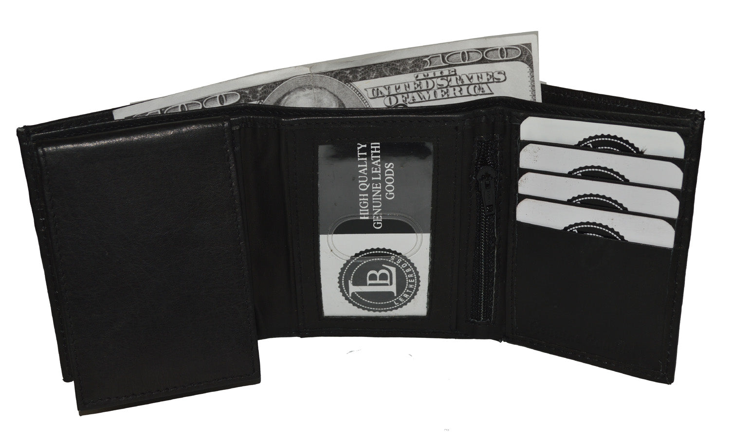 LEATHERBOSS GENUINE LEATHER WALLET TRIFOLD PULL OUT FLAP ID POCKET BLACK