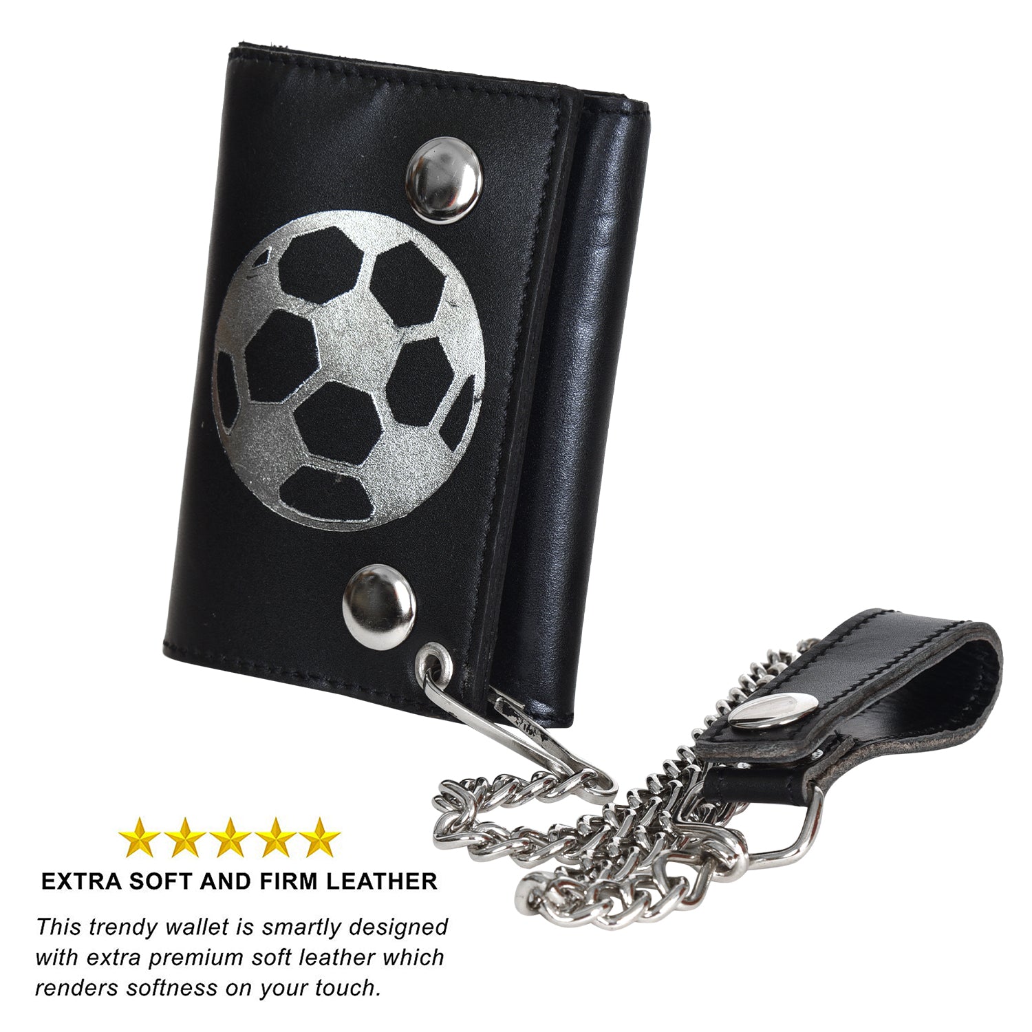 Leatherboss Genuine Leather Men Soccer Print Trifold Wallet Chain Biker