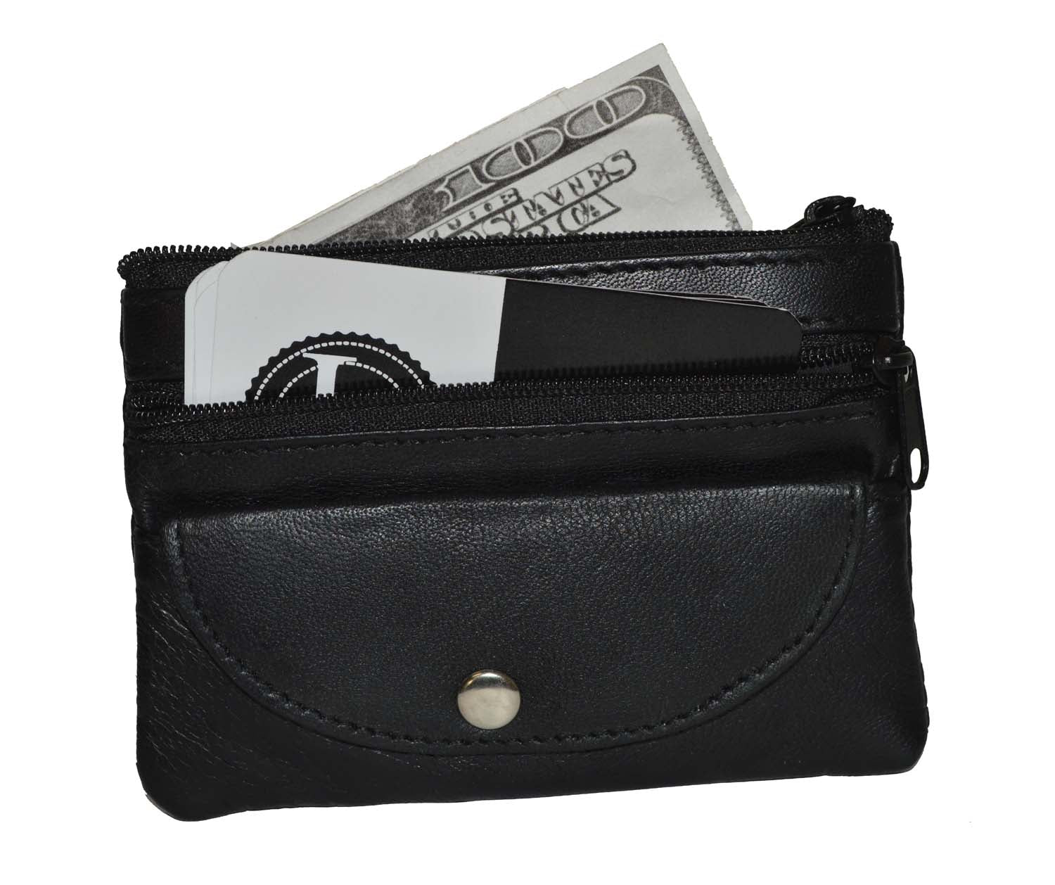 Black Leather Coin Purse Mini Wallet Key Pouch 2 Zippered Sections ID Slot Black