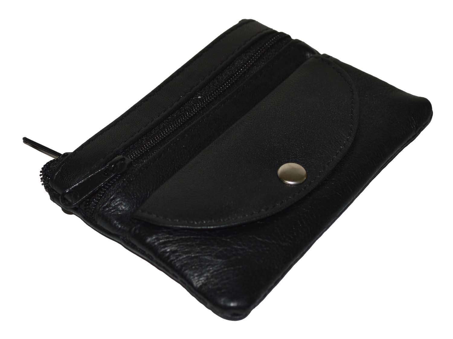 Black Leather Coin Purse Mini Wallet Key Pouch 2 Zippered Sections ID Slot Black