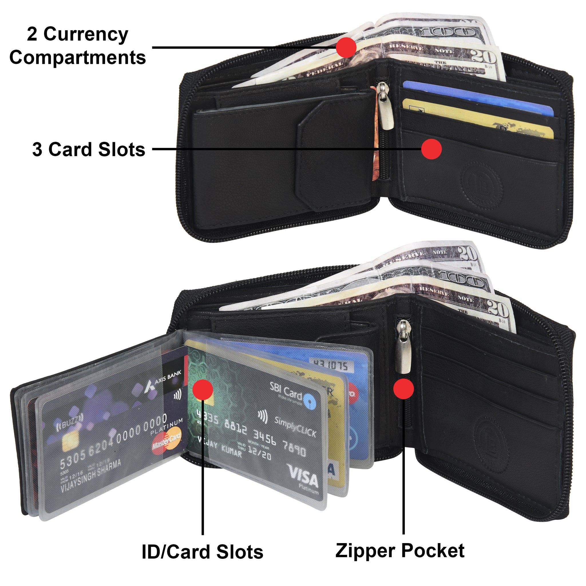 Leatherboss Men Bifold Zipper Around Leather Wallet Secure Multi Pocket Billfold