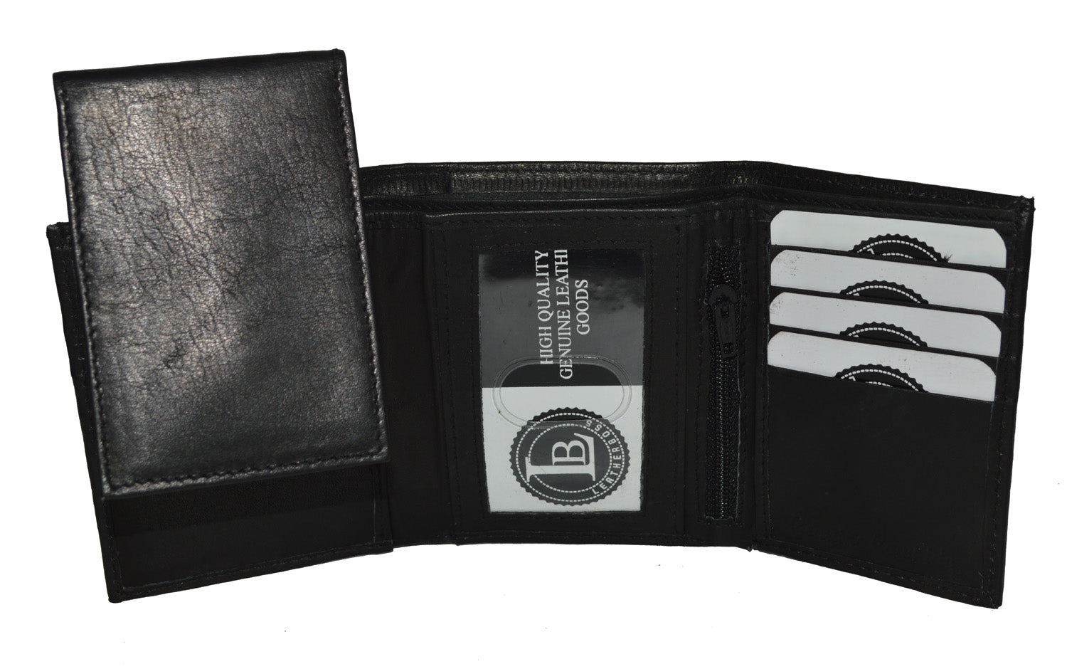 LEATHERBOSS GENUINE LEATHER WALLET TRIFOLD PULL OUT FLAP ID POCKET BLACK