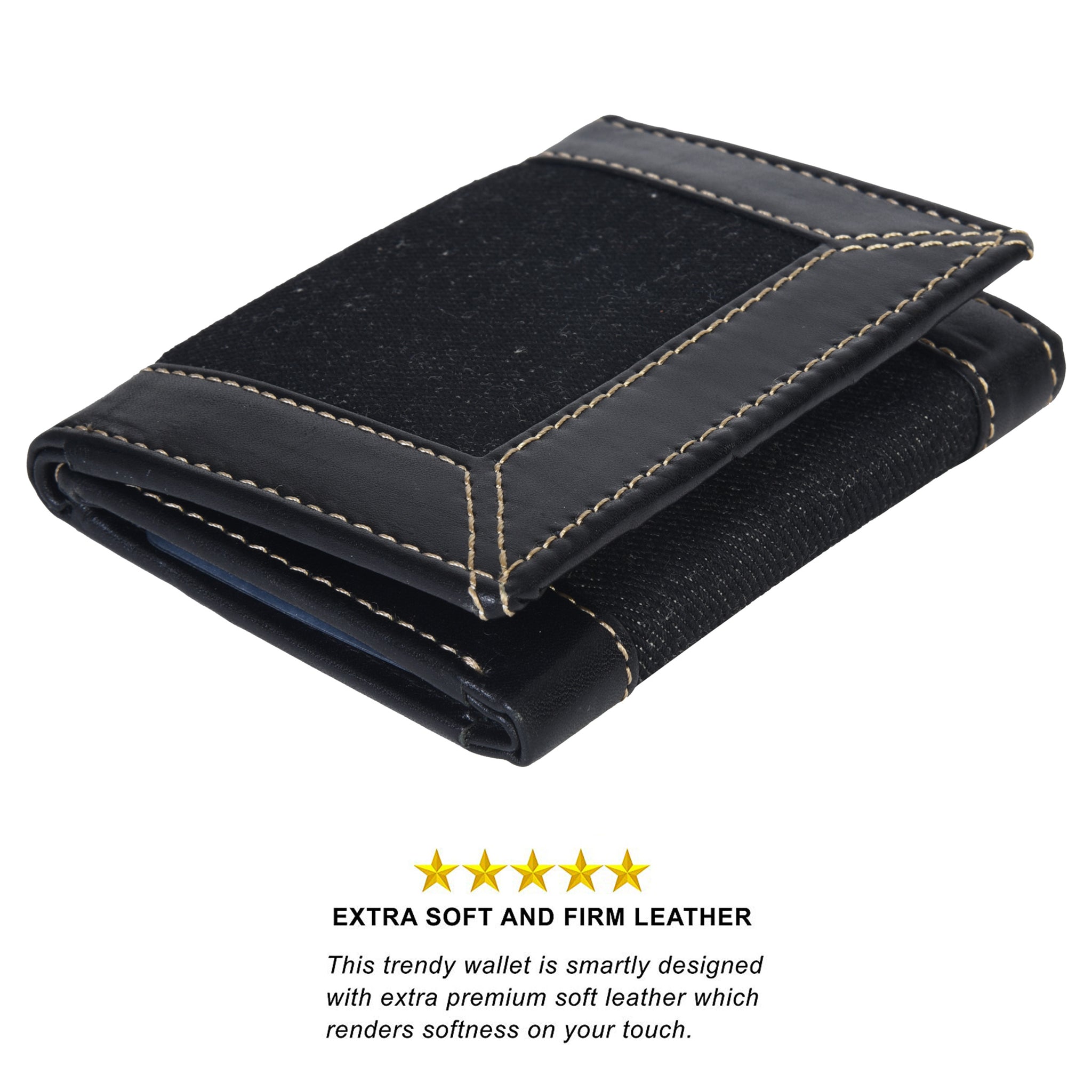 Leatherboss Genuine Leather Jeans Designer Trifold Wallet with Gift Bag, Black
