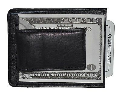 Leather Magnetic Money Clip Slim Credit Card Id Holder Black Men's Wallet