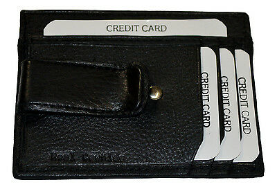 METAL MONEY CLIP HOLDER WITH ID AT THE BACK NEW BLACK GENUINE LEATHER