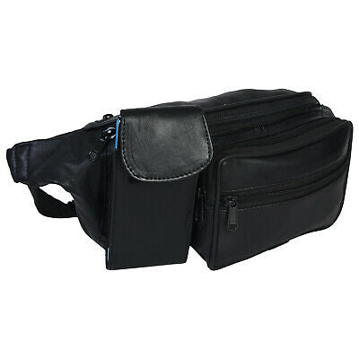 Black Solid Leather Fanny Pack 5 Pocket Travel Waist Belt Bag Cell Phone Holder
