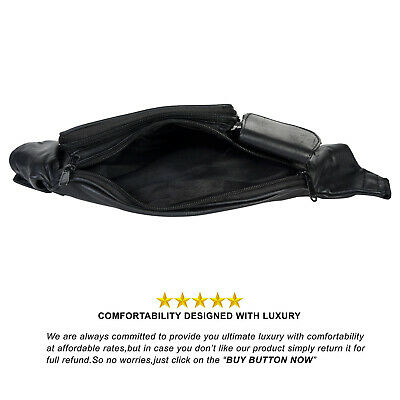 Black Solid Leather Fanny Pack 5 Pocket Travel Waist Belt Bag Cell Phone Holder