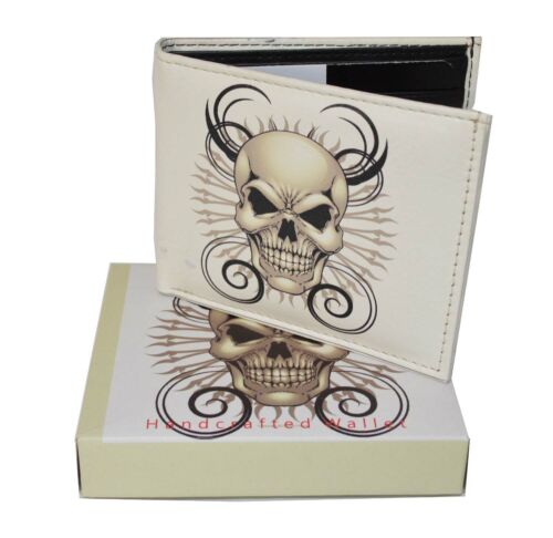 Leatherboss Genuine Leather Men White Skull Bifold Wallet with printed gift box